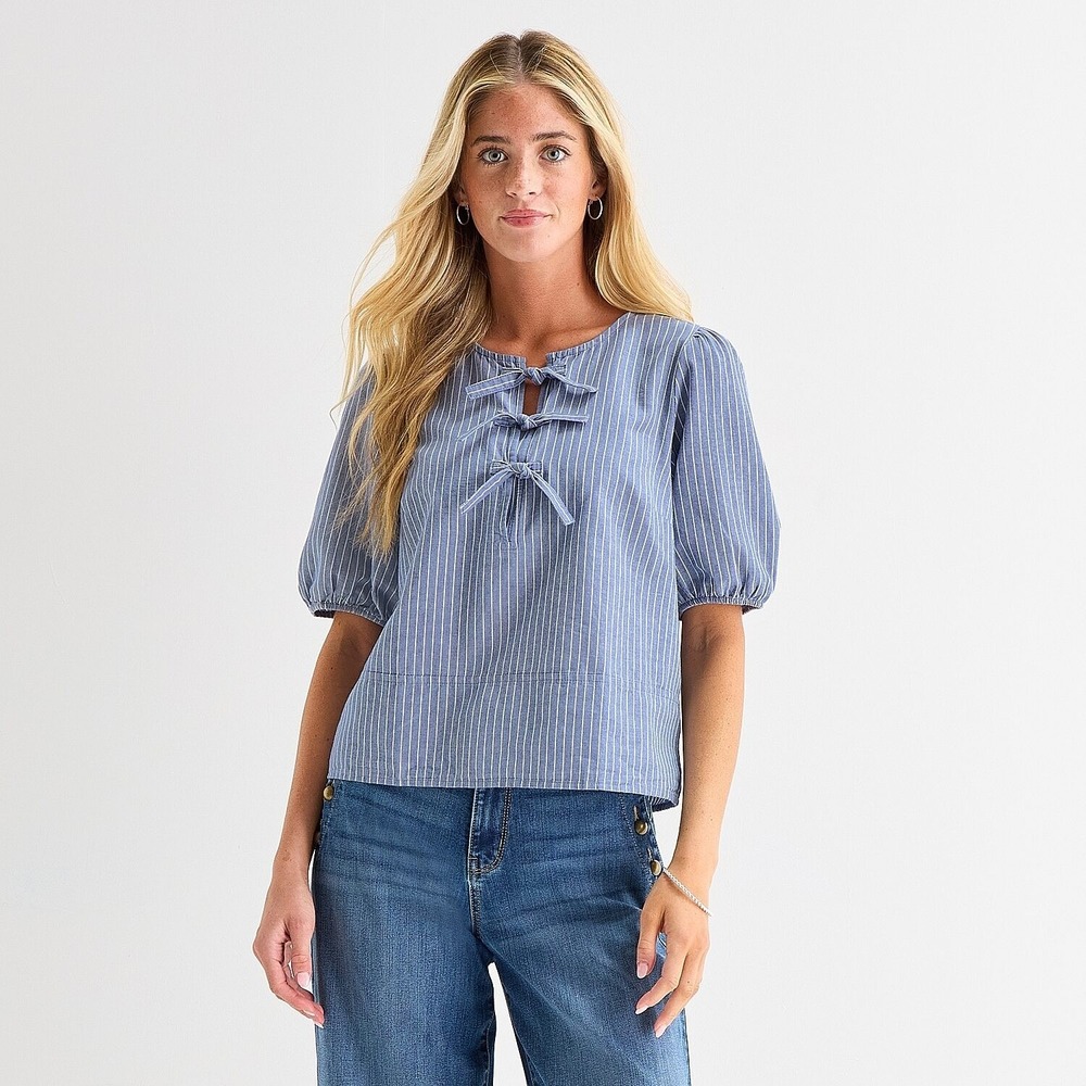 MSRP $44 St. John's Bay Womens L Blue White Stripe Blouse Split Tie Neck Short